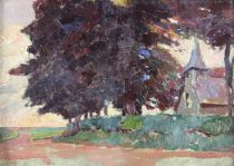 tableau La chapelle  Van Mierlo Eugène paysage  huile carton 1ère moitié 20e siècle