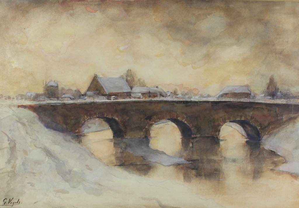 tableau Le pont du village Vogels Guillaume paysage,village  aquarelle papier 19e sicle