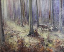 tableau Travail au bois Bols Frans scène rurale,sous-bois  huile toile 2ième moitié 20e siècle