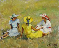 tableau Conversation dans le foin De Tombay Ellen scène de genre impressionnisme huile toile 2ième moitié 20e siècle