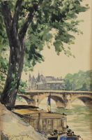 tableau Pont sur le fleuve  Denizard Orens paysage,ville  aquarelle papier 1ère moitié 20e siècle