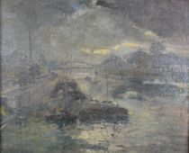 tableau Le canal par gros temps   marine,paysage,ville  huile toile 1ère moitié 20e siècle