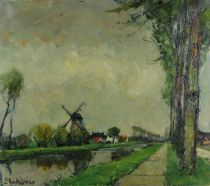 tableau Canal en flandre Mechelaere léo paysage  huile toile 1ère moitié 20e siècle