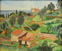 tableau Paysage de méditerranée    paysage,paysage marin,village  huile carton 
