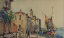 tableau Port de village méditerranéenne  Carletti Jean Lucien marine,village  aquarelle papier 2ième moitié 20e siècle