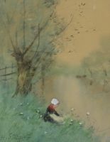 tableau Au bord de l'eau Stacquet Henri paysage,personnage  mixte papier 19e siècle
