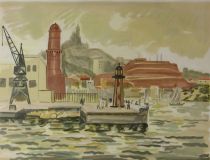 tableau Le port de Marseille   marine,personnage,ville  estampe papier 1ère moitié 20e siècle