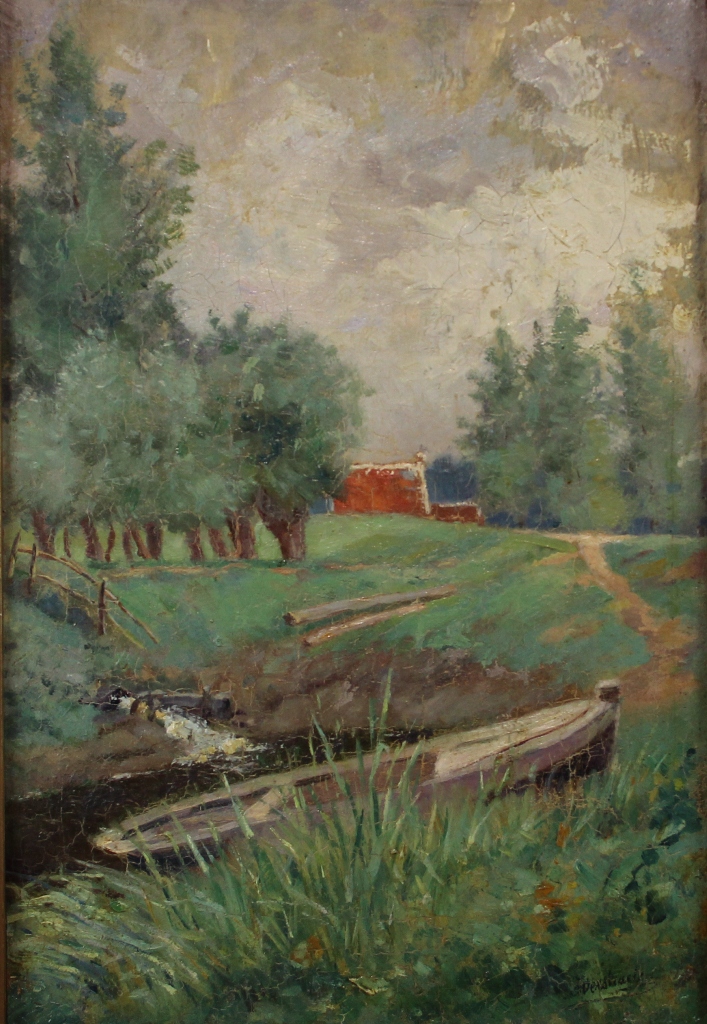 tableau Barque choue  Weerd-Tamise Verstraeten Alfred paysage  huile toile 1re moiti 20e sicle