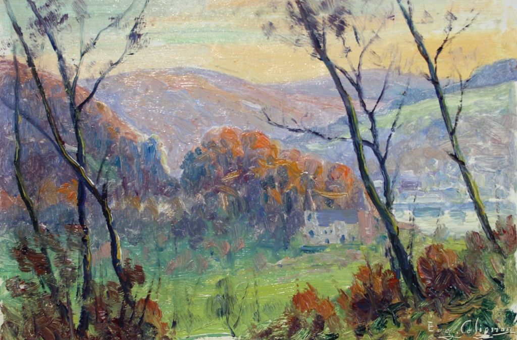 tableau Valle de la Meuse  Profondeville Colignon Eugne paysage  huile carton 1re moiti 20e sicle