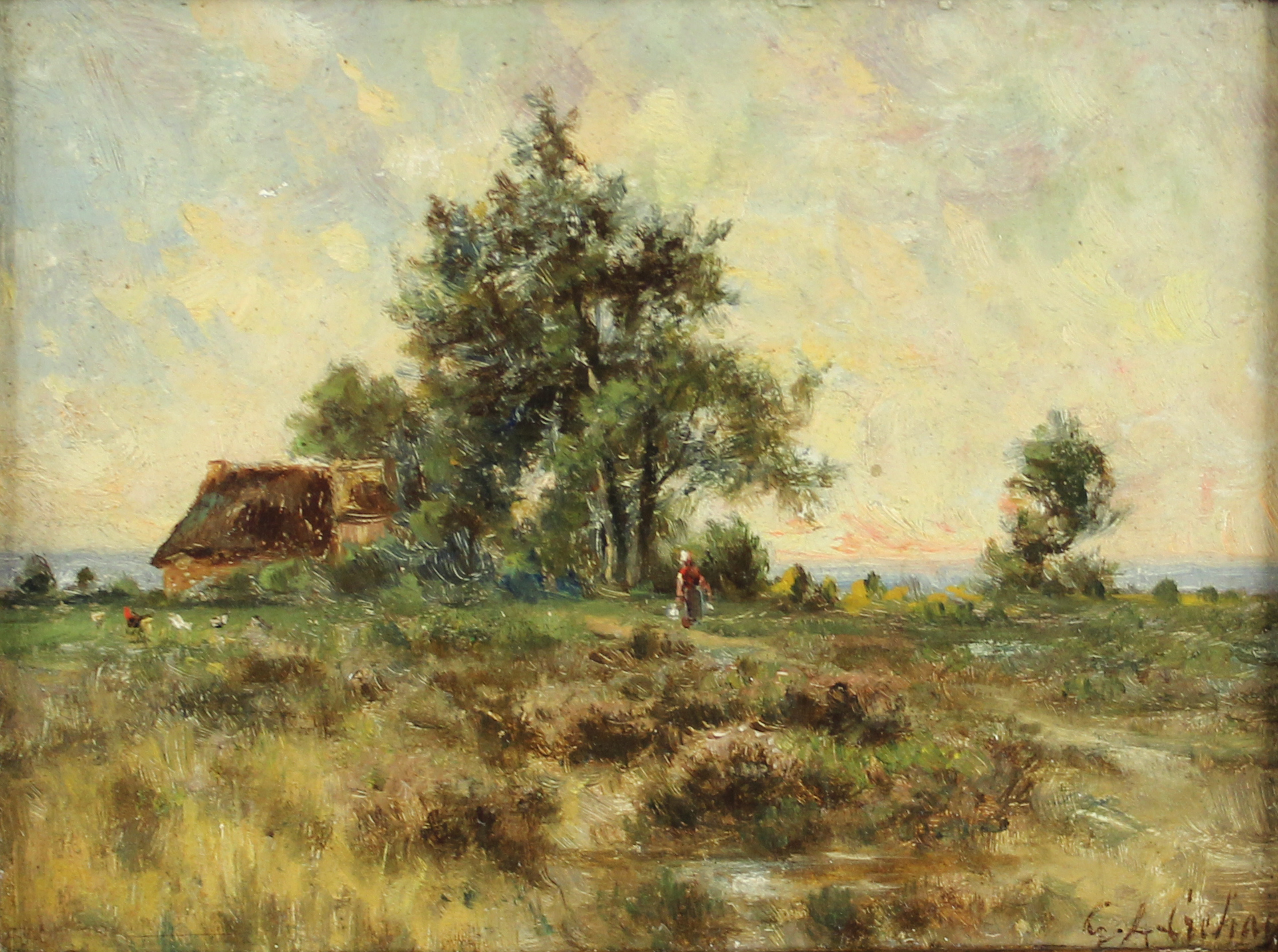 tableau La fermire aux poules Crehay  Grard-Antoine paysage,personnage,scne rurale  huile panneau 19e sicle