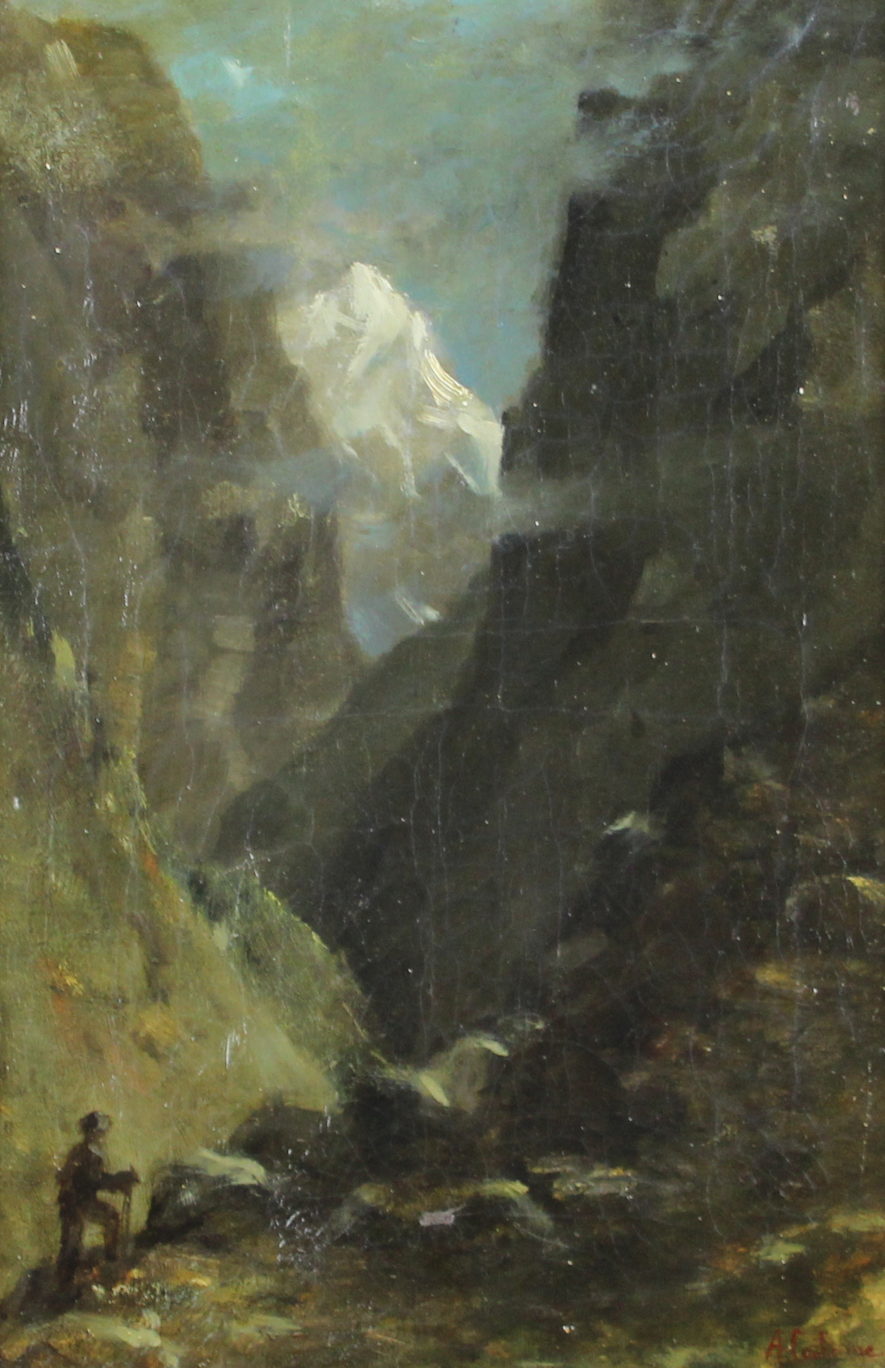 tableau L'alpiniste Calame Alexandre personnage,paysage de montagne  huile toile 19e sicle