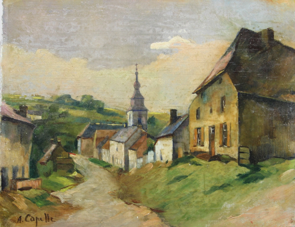 tableau La rue du village Capelle Aristide paysage,village  huile panneau 1ère moitié 20e siècle