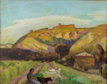 tableau Le repos ALLOUARD-CARNY Paul personnage,scène rurale,paysage de montagne  huile carton 1ère moitié 20e siècle