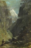 tableau L'alpiniste Calame Alexandre personnage,paysage de montagne  huile toile 19e siècle