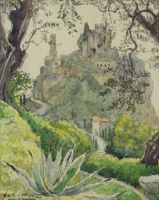 tableau Eze   paysage,village  aquarelle papier 2ième moitié 20e siècle