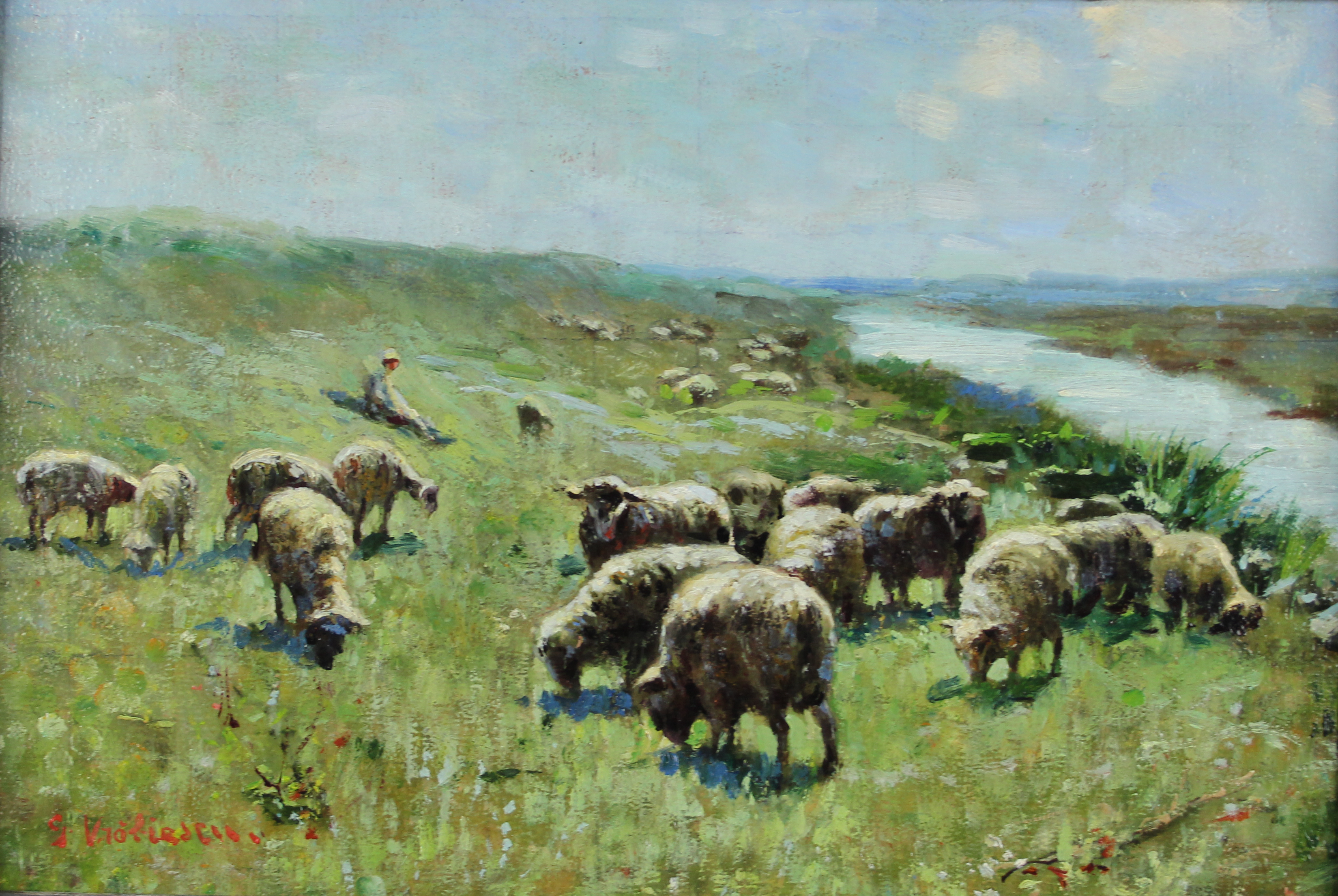 tableau Le gardien et son troupeau    animaux,paysage,personnage  huile panneau 1ère moitié 20e siècle