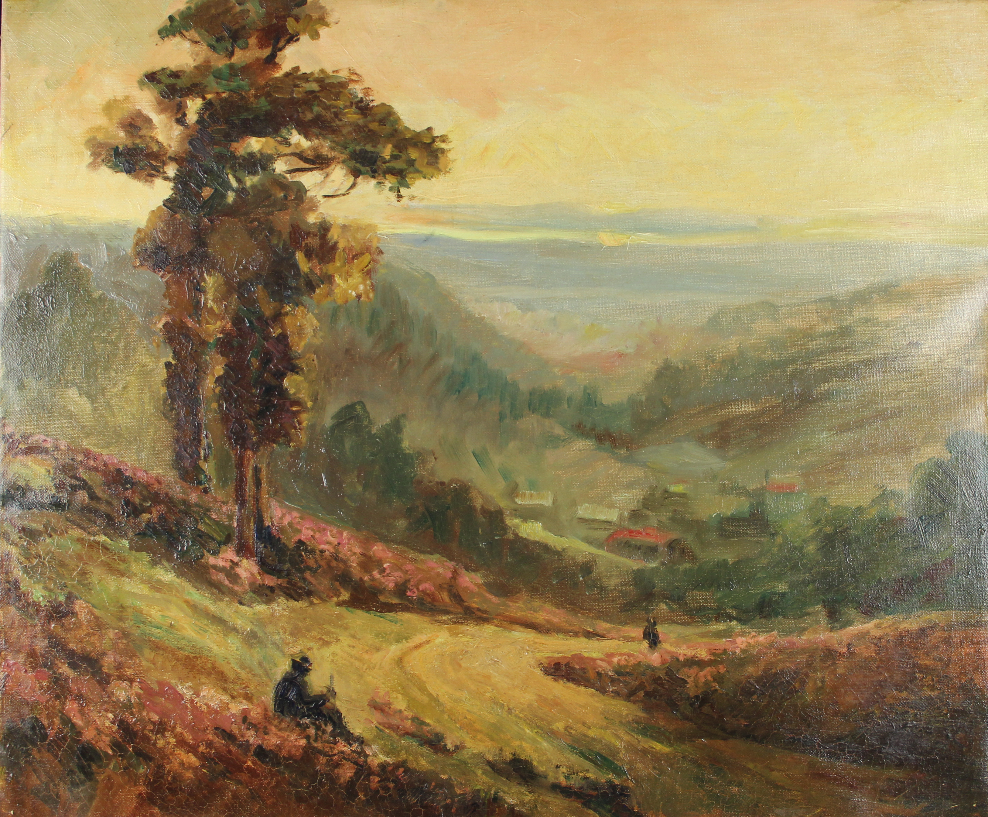 tableau Le repos du marcheur   paysage,personnage  huile toile 1ère moitié 20e siècle