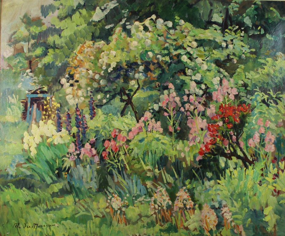 tableau Le jardin fleuris Du Monceau (De Bergendael) Mathilde fleurs,paysage  huile carton 1re moiti 20e sicle