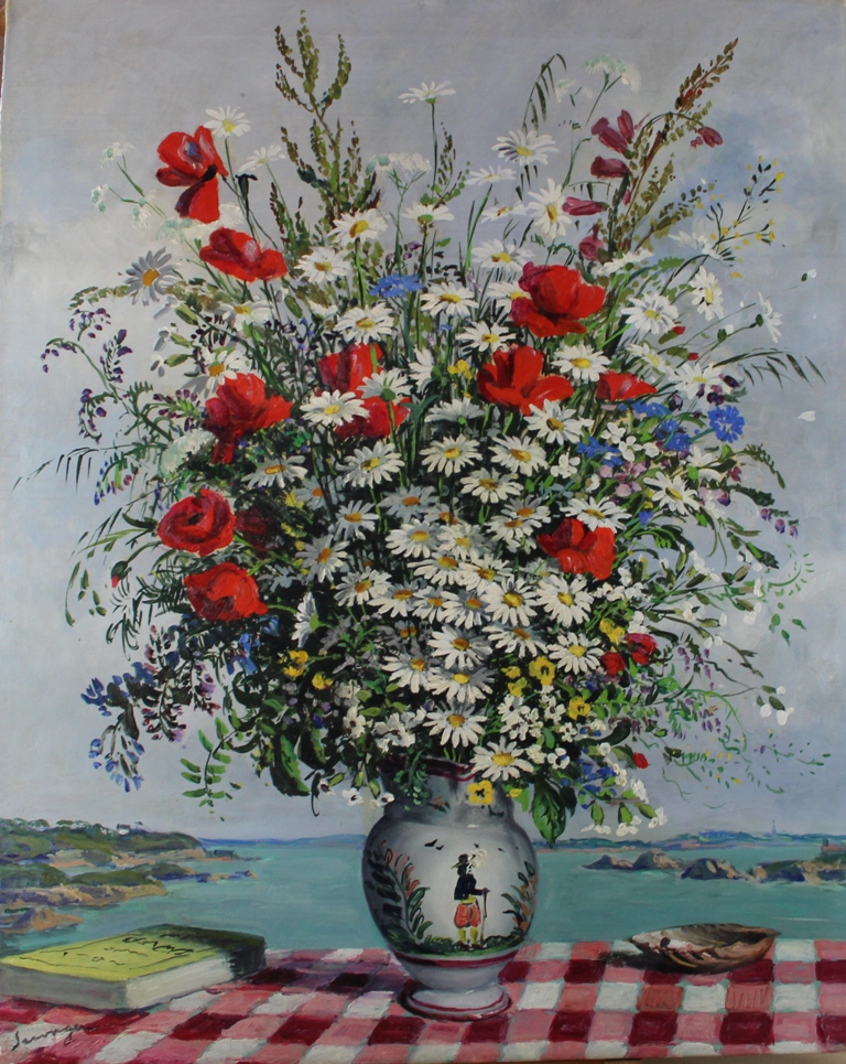 tableau Bouquet printanier sur l'le de Brhat Seevagen Lucien fleurs,marine,nature morte  huile toile 1re moiti 20e sicle