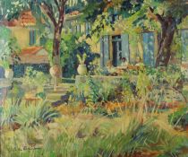 tableau La terrasse animée  Du Monceau (De Bergendael) Mathilde personnage  huile toile 1ère moitié 20e siècle