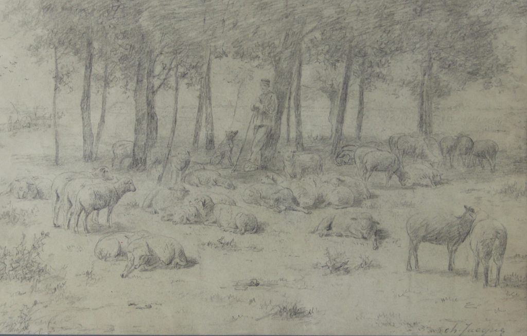 tableau Le berger et ses moutons Jacque Charles Emile animaux,scne rurale  crayon papier 19e sicle