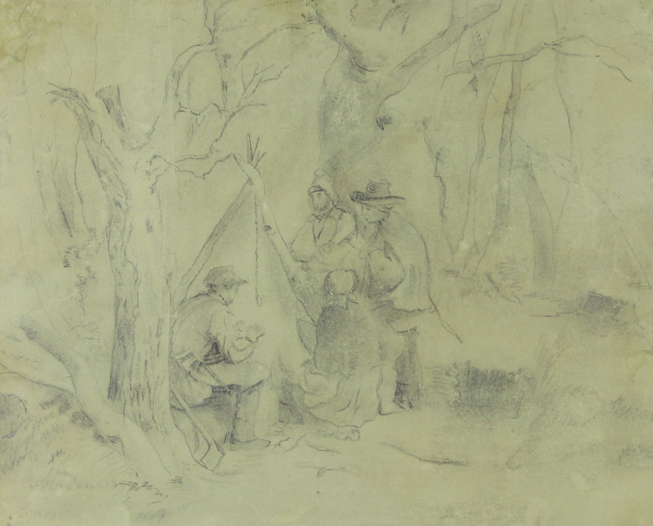 tableau Le feu de camp  Madou Jean-Baptiste personnage  crayon papier 19e sicle