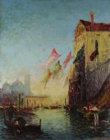 tableau Jour de fête à Venise Giordani Italo  marine,ville  huile panneau 1ère moitié 20e siècle