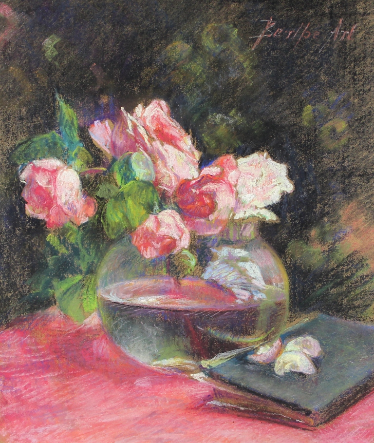 tableau Le bouquet de roses Art Berthe fleurs,nature morte  pastel papier 1ère moitié 20e siècle