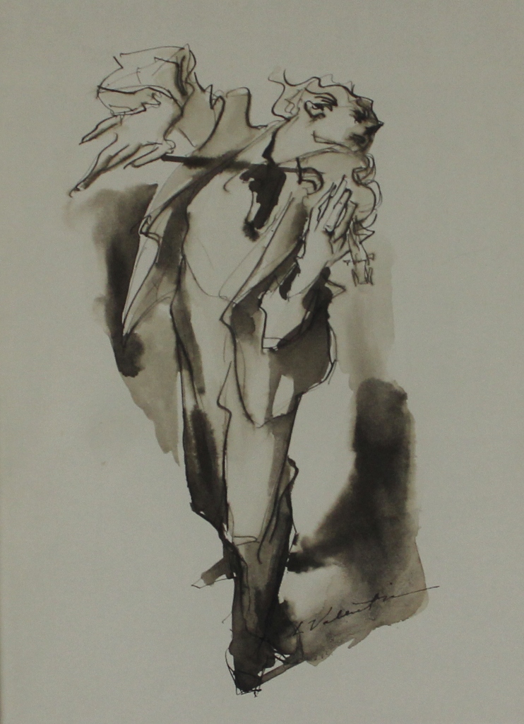 tableau Le violoniste    musique,personnage  lavis papier 2ième moitié 20e siècle