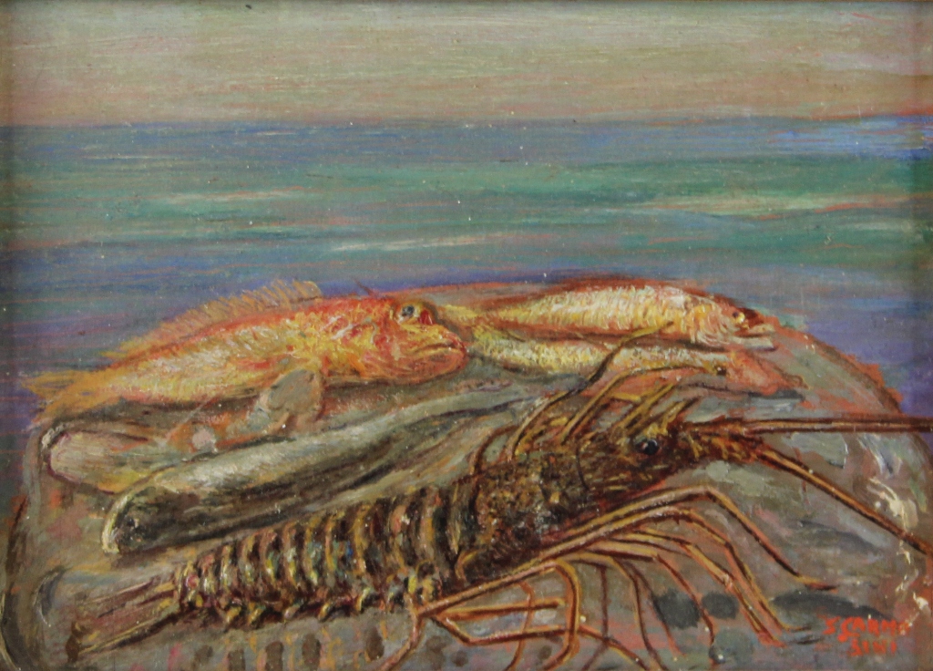 tableau Poissons et crustacé  CARMOSINI Silvio animaux  huile panneau 1ère moitié 20e siècle