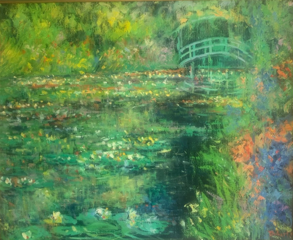 tableau Le jardin de Monet  Giverny  Richard Thibert paysage,village  huile toile 2ime moiti 20e sicle