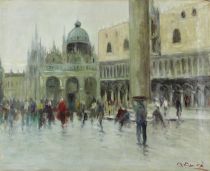 tableau Place Saint-Marc Venise Busa Armando  personnage,ville  huile toile 2ième moitié 20e siècle