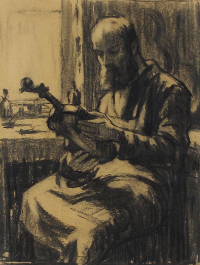 tableau Le luthier  Van De Leene Jules musique,personnage  fusain papier 1re moiti 20e sicle