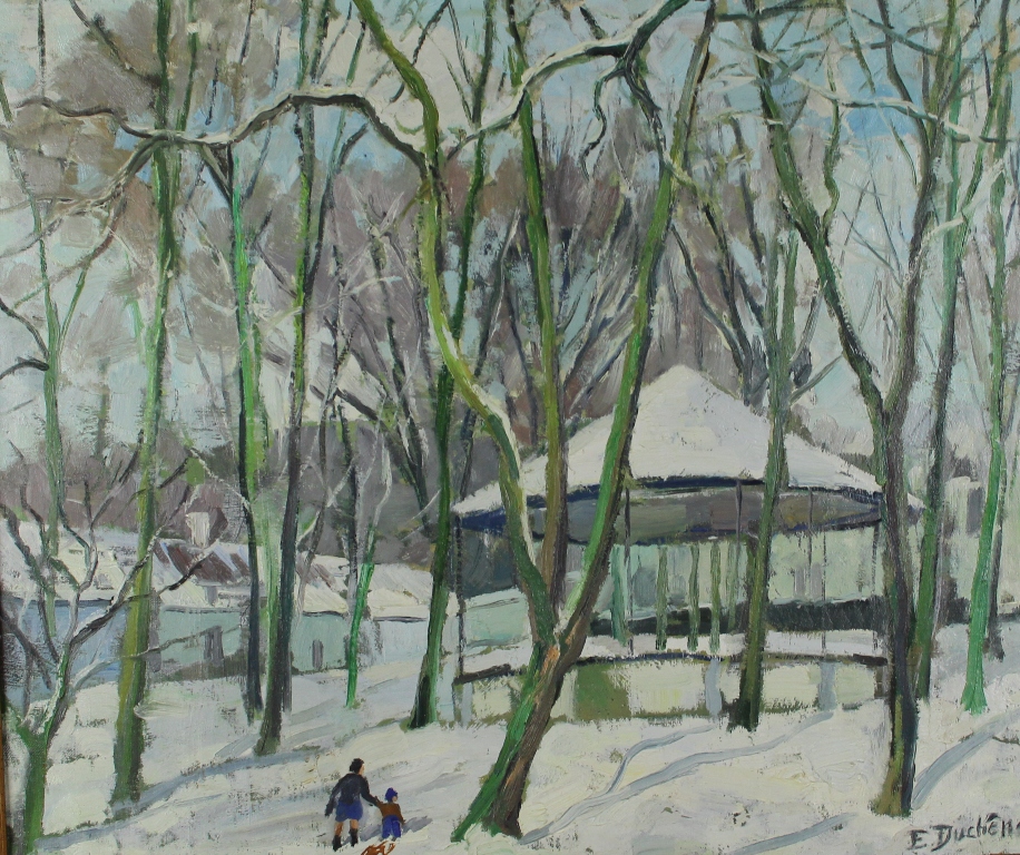 tableau Place d'ohain sous la neige Duchne Edmond paysage,village  huile toile 2ime moiti 20e sicle