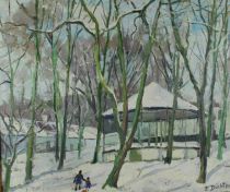 tableau Place d'ohain sous la neige Duchne Edmond paysage,village  huile toile 2ime moiti 20e sicle