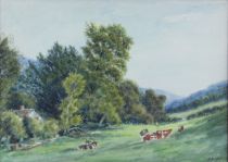 tableau Vaches au pr Hazledine Alfred animaux,paysage  aquarelle papier 