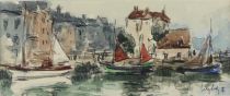 tableau Vieux bassin Honfleur HERBO  Fernand ville  aquarelle papier 2ième moitié 20e siècle