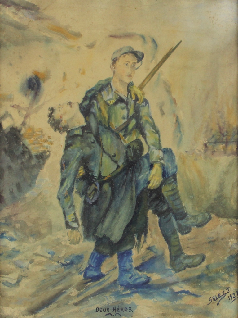 tableau Deux hros Galez J militaire,personnage  aquarelle papier 1re moiti 20e sicle