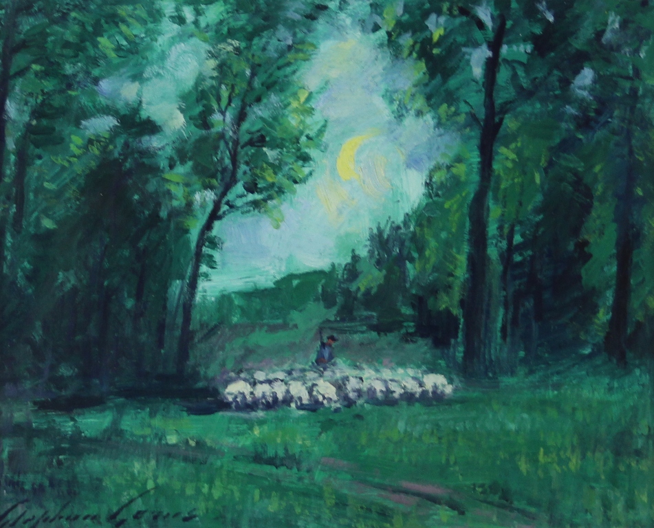 tableau Le berger et ses moutons Gorus Stephan animaux,paysage,personnage  huile papier 2ime moiti 20e sicle