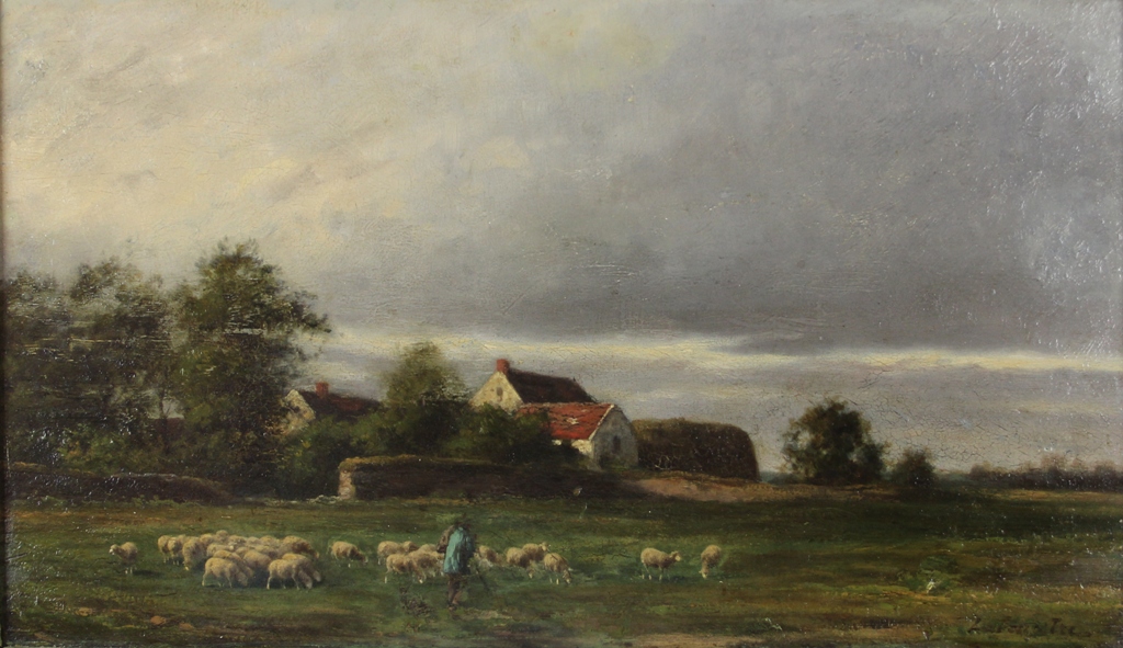 tableau Aux paturages LEMAITRE Lon Jules animaux,paysage,scne rurale  huile panneau 19e sicle