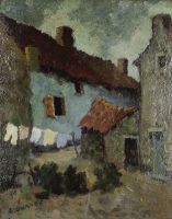 tableau Séchage du linge Cornet E scène rurale,village  huile carton 1ère moitié 20e siècle