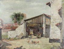 tableau Travail à la ferme Clarot René personnage,scène rurale  huile toile 1ère moitié 20e siècle