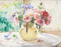 tableau Vase fleuris de roses Drumaux Angelina fleurs,nature morte  huile toile 1ère moitié 20e siècle