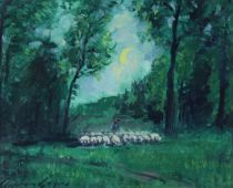 tableau Le berger et ses moutons Gorus Stephan animaux,paysage,personnage  huile papier 2ime moiti 20e sicle