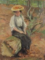 tableau La femme au chapeau   paysage,personnage,sous-bois  huile toile 2ième moitié 20e siècle