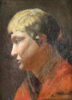 tableau La femme en rouge   portrait  huile toile 1ère moitié 20e siècle