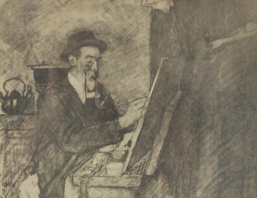 tableau L'artiste au chevalet Bartlett Charles William autoportrait,portrait,scne d'intrieur  fusain papier 19e sicle
