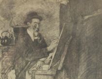 tableau L'artiste au chevalet Bartlett Charles William autoportrait,portrait,scène d'intérieur  fusain papier 19e siècle