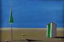 tableau La cabine de plage   paysage  gouache carton 2ième moitié 20e siècle