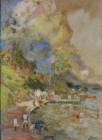 tableau Joie au lac PELLETAN  Michel personnage,scne de genre  aquarelle carton 1re moiti 20e sicle